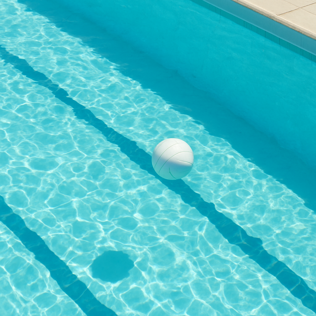 Pileta soleada con un balón de polo acuático flotando sobre el agua celeste